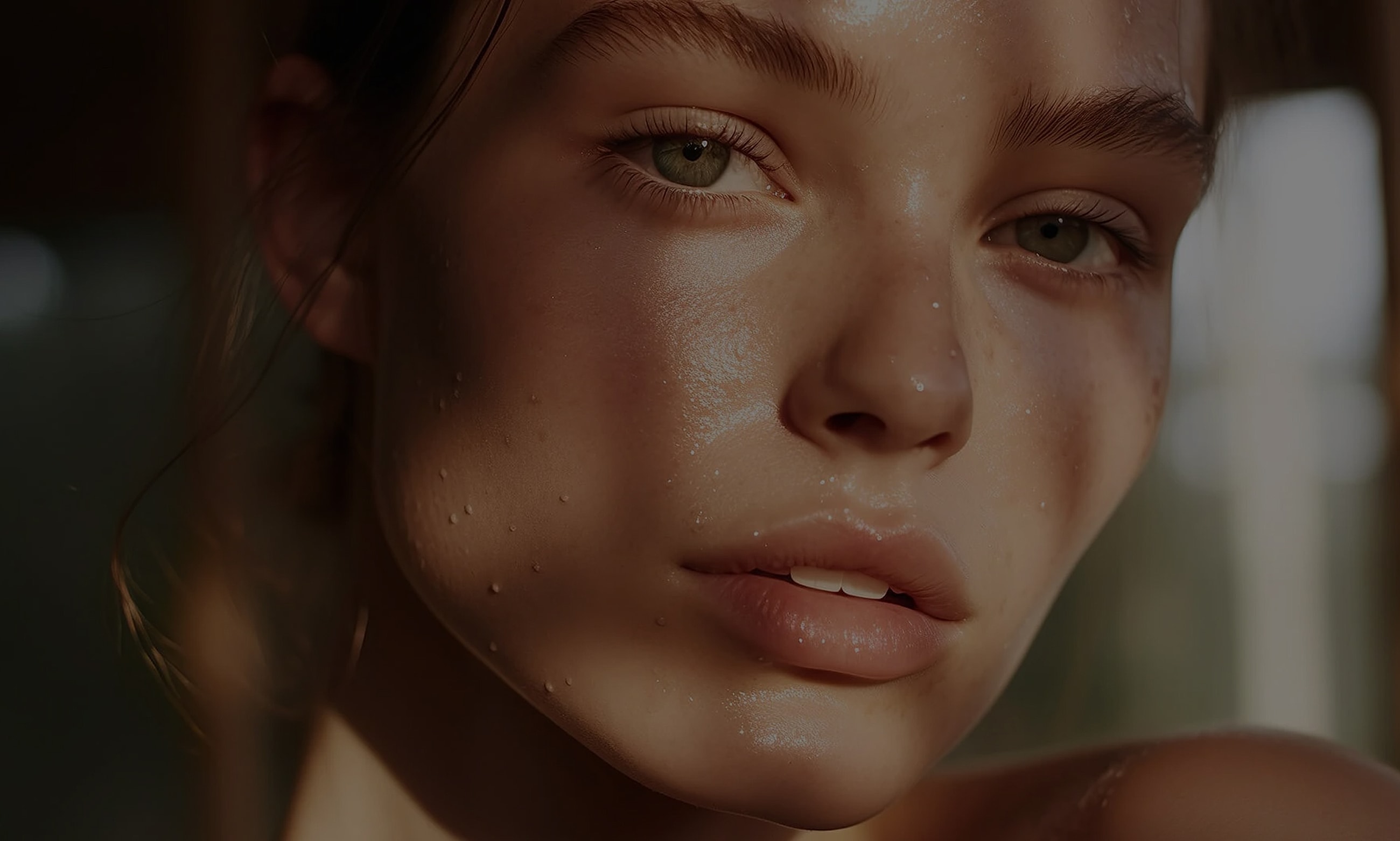 Close-up of glowing, natural skin with droplets.