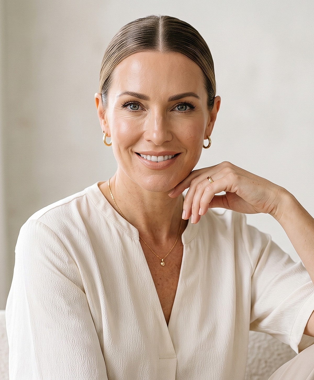 Smiling woman with elegant jewelry and attire.