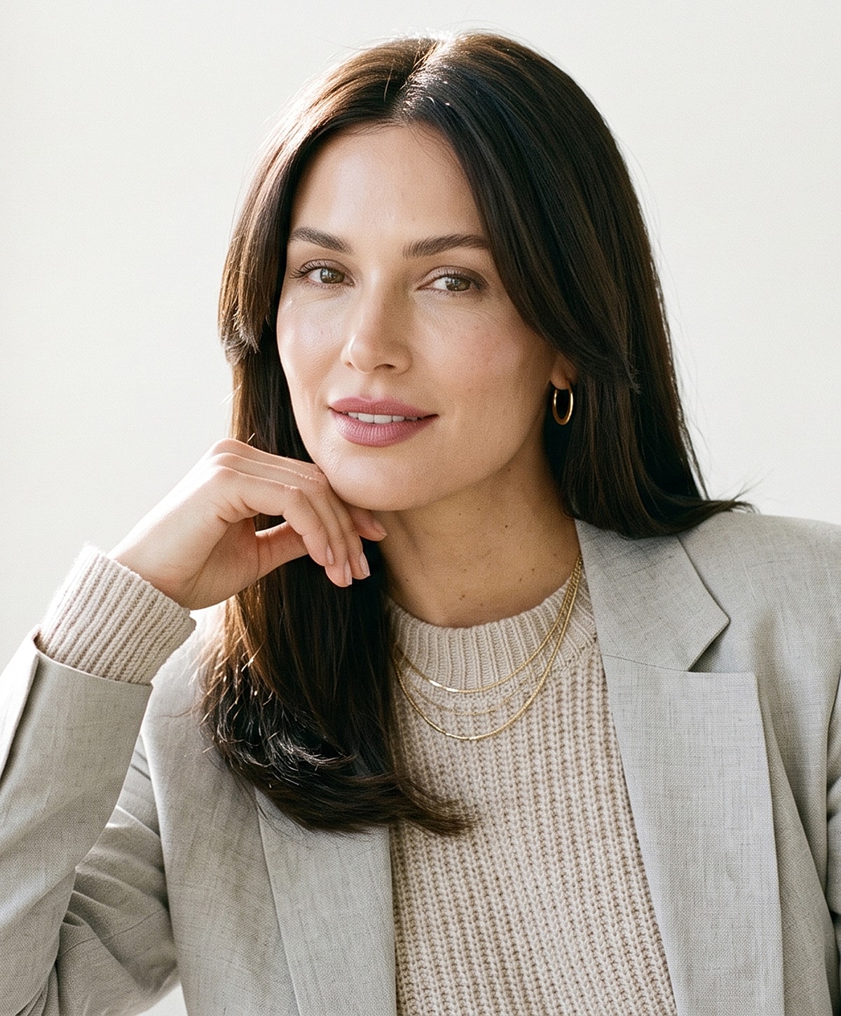Charlotte, NC blepharoplasty model with long hair and elegant attire.