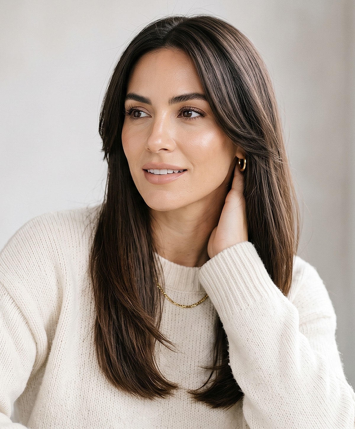 Charlotte, NC facial fat grafting model with long hair in cozy sweater.