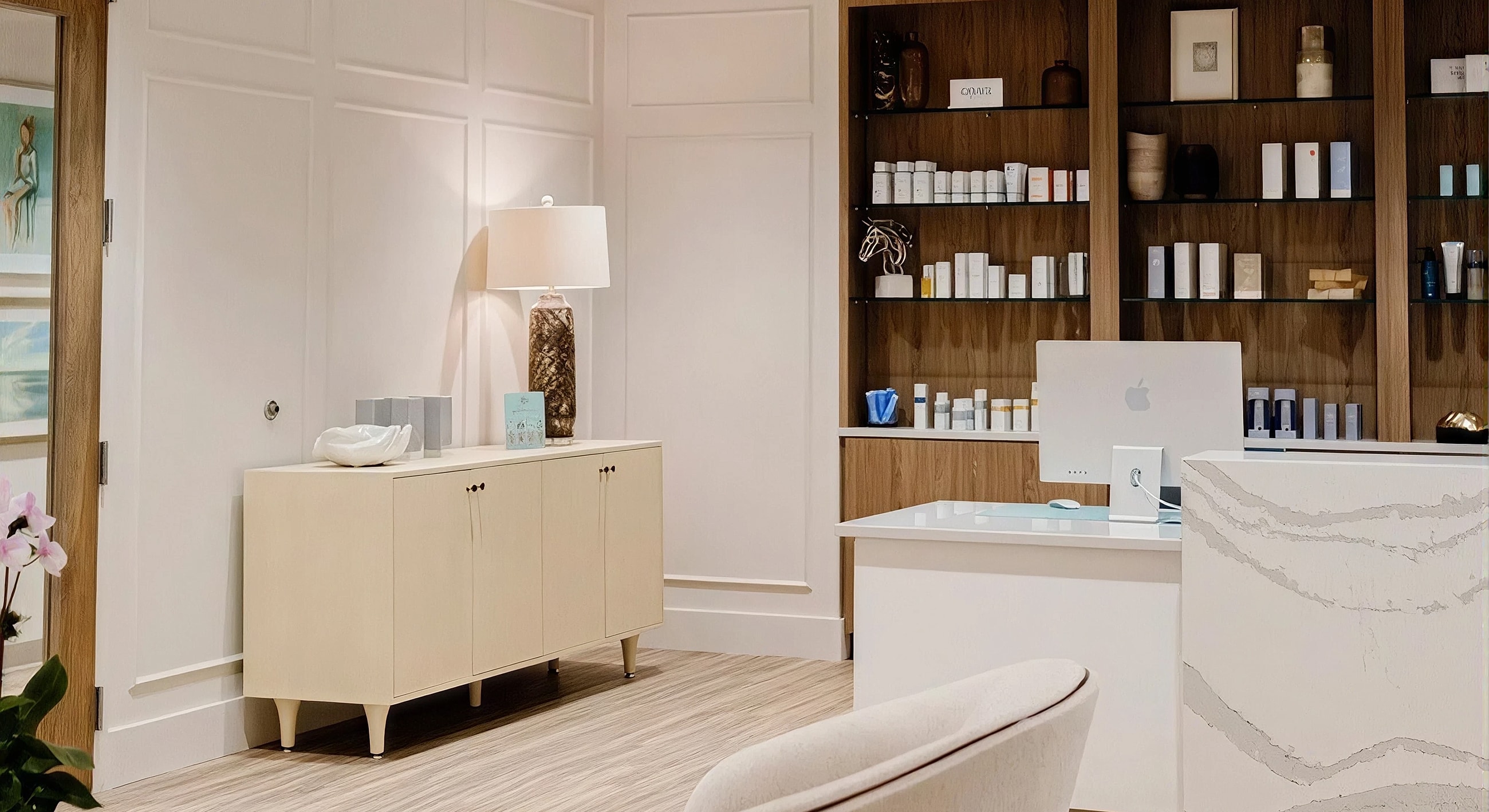 Modern spa interior with skincare products and decor.