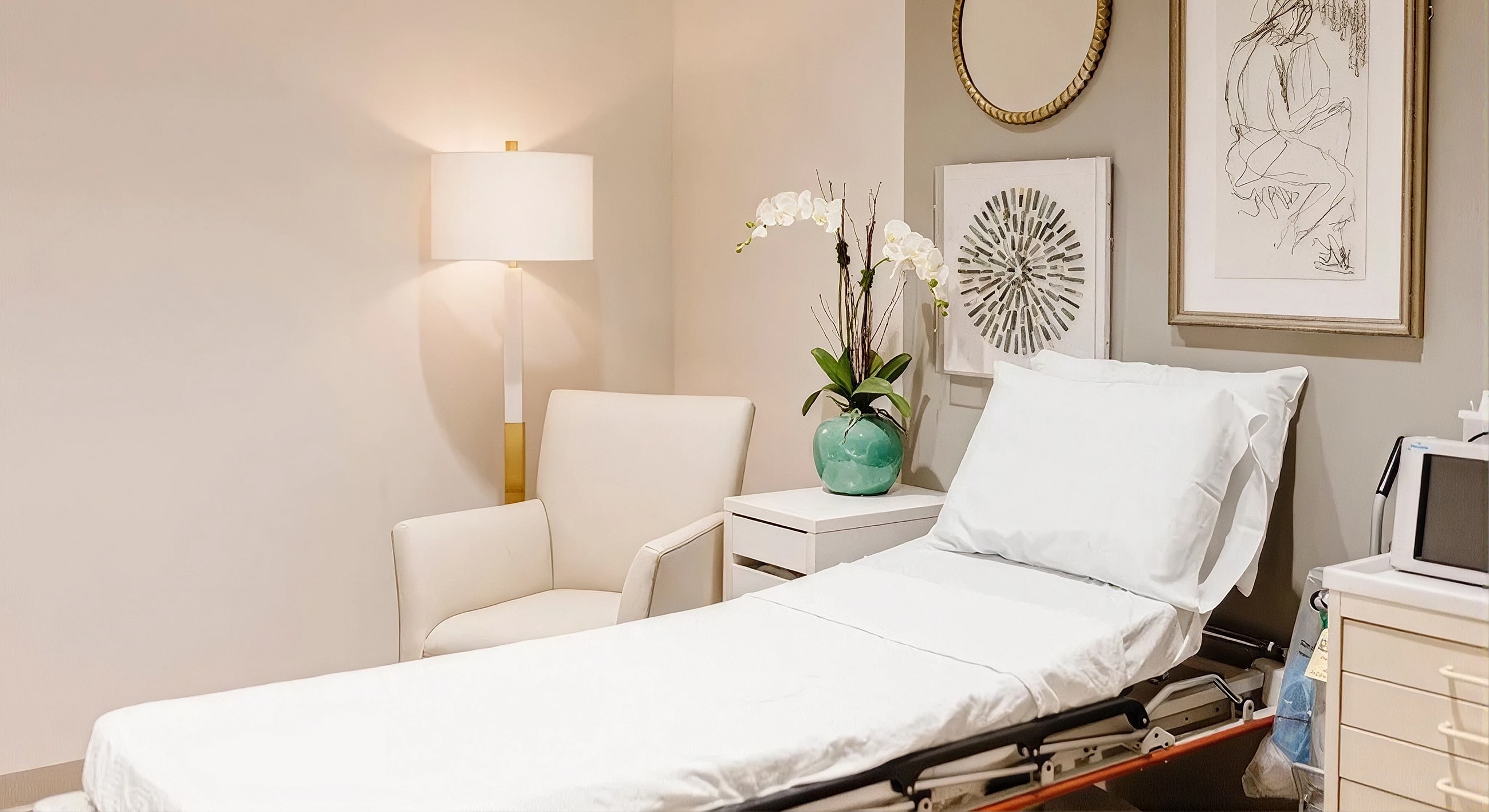 Modern medical examination room with calming decor.